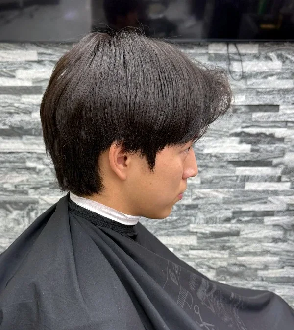 Before: straight, grown-out hair at one length.